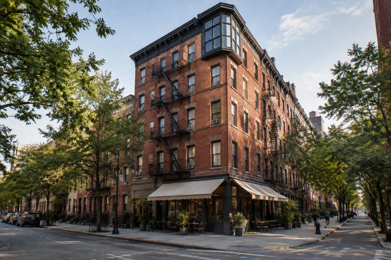 Red-brick corner apartment building with fire escapes on a tree-lined Greenwich Village street in morning light