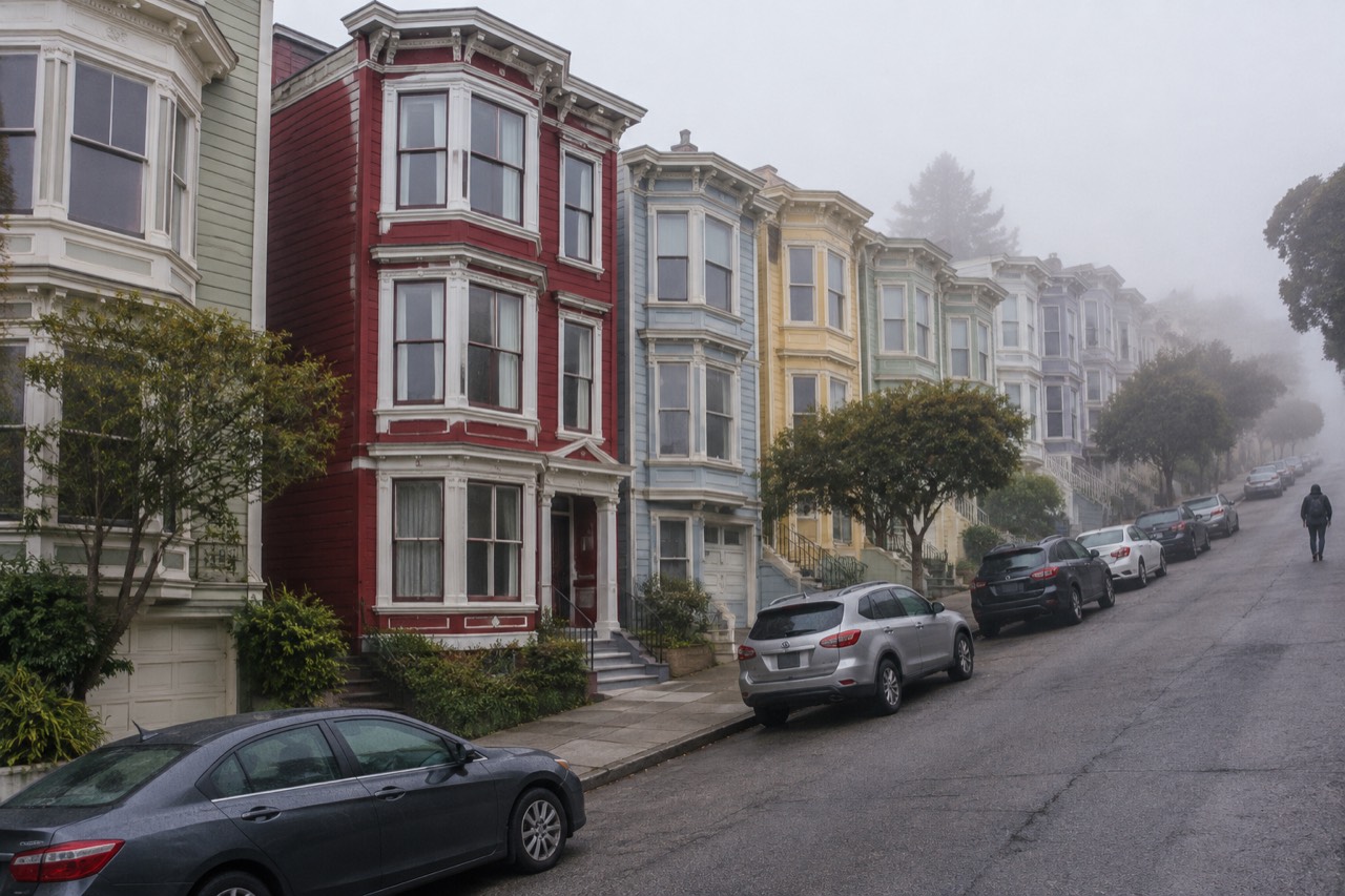 Red Victorian row house with bay windows on a steep San Francisco street in morning fog.