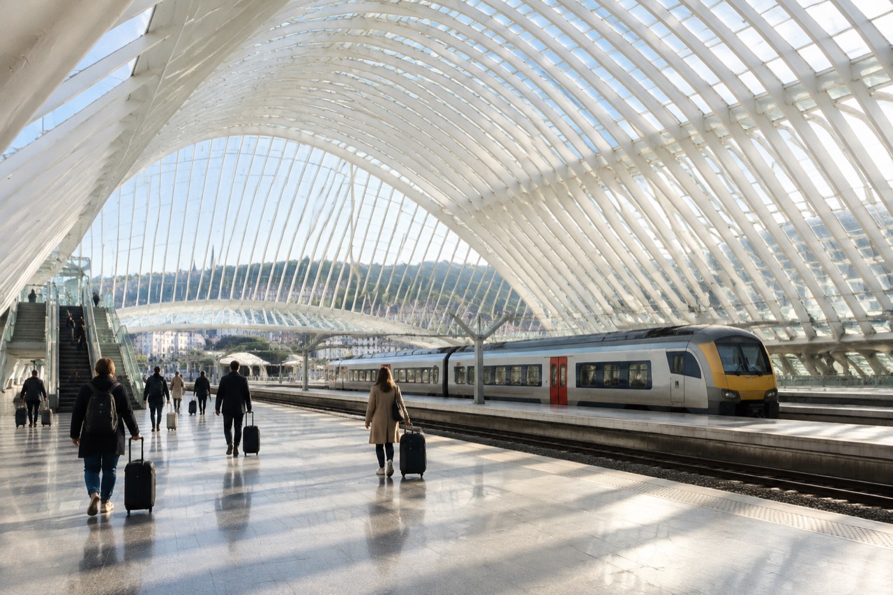 White arched glass canopy of Liège-Guillemins railway station above platforms and a waiting train.