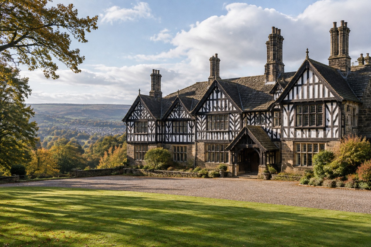 Timber-framed Shibden Hall with lawns, chimneys and parkland trees on an autumn morning