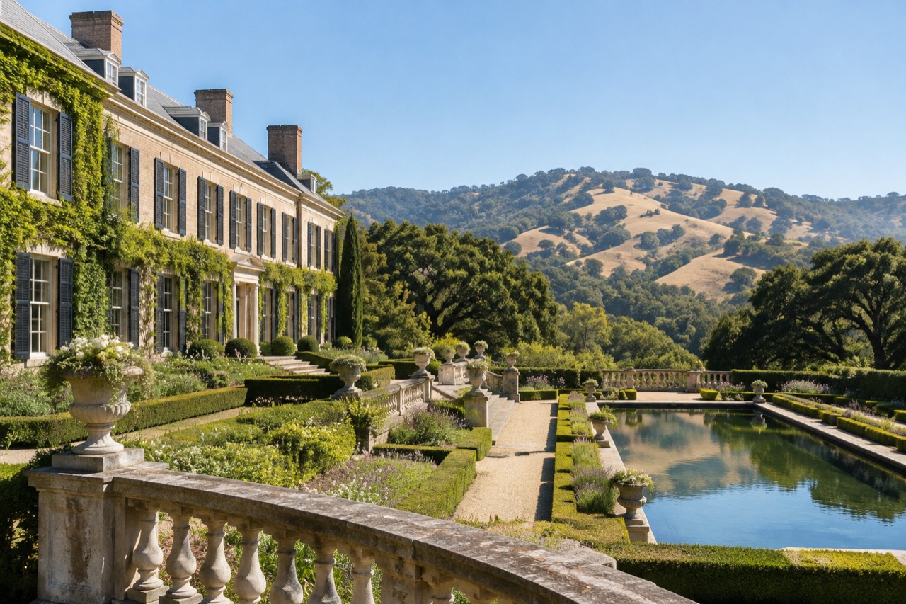 Cream-brick Georgian estate with formal garden and reflecting pool beneath California foothills