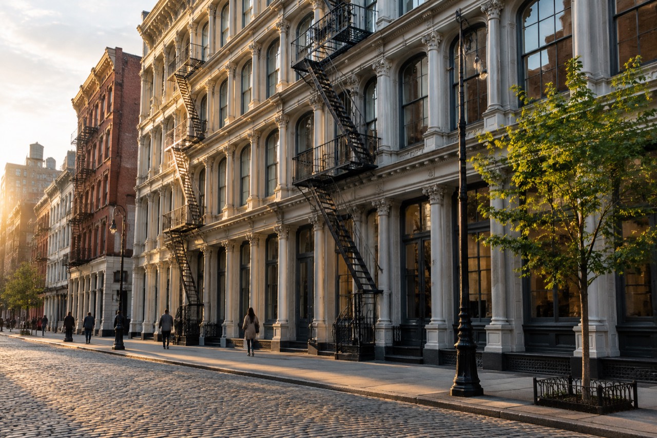 Cast-iron loft building on a cobblestone SoHo street in warm afternoon light.