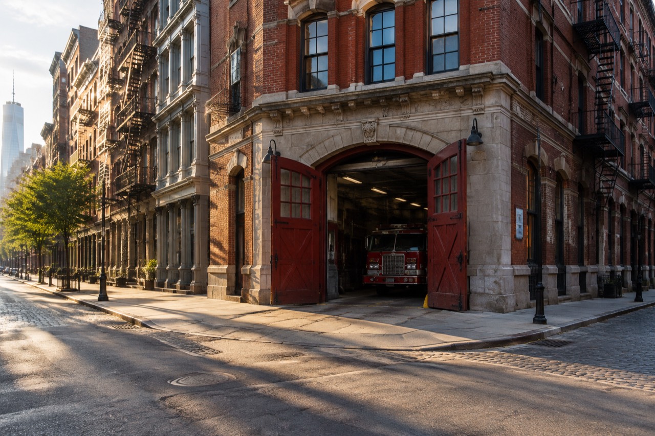 Historic brick firehouse with open red doors on a quiet Tribeca street