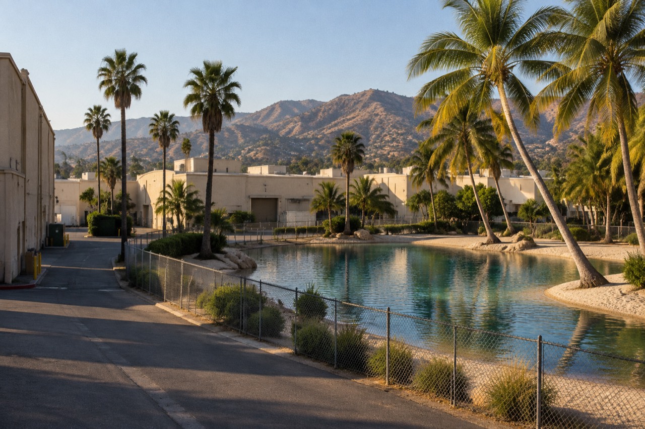 Studio backlot sound stages and palm-fringed artificial lagoon under afternoon sun in Studio City.