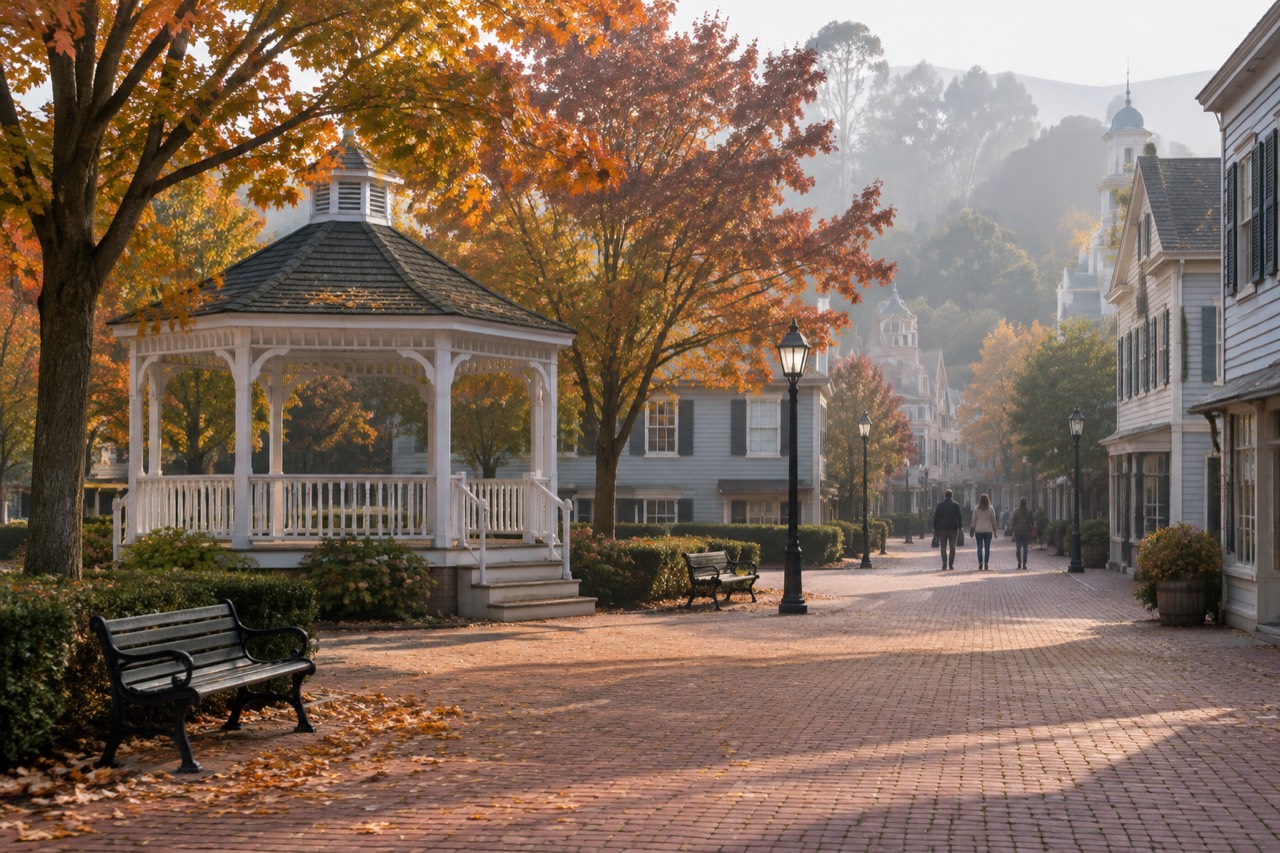 White gazebo in a small town square surrounded by clapboard storefronts under autumn trees.