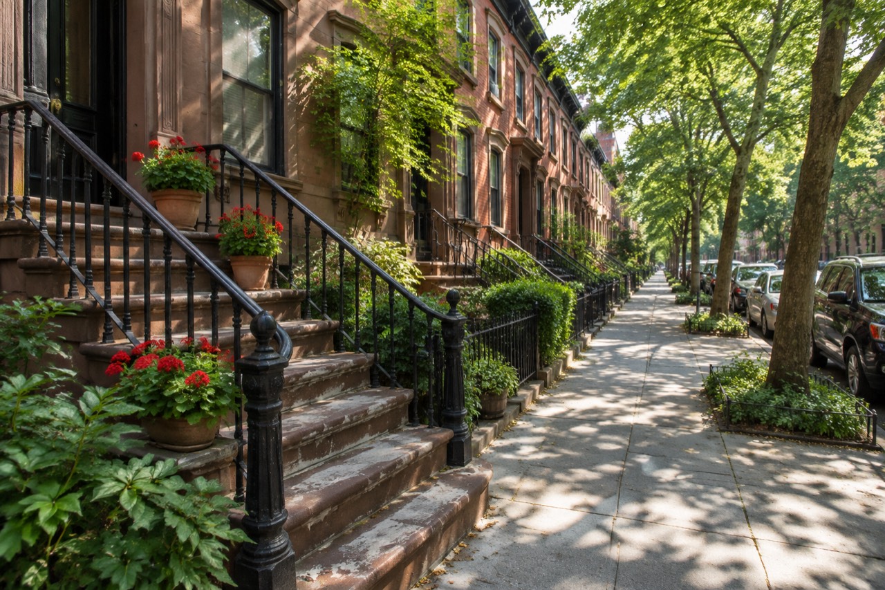 Sunlit brownstone stoop with iron railings on a quiet tree-lined Brooklyn street in summer