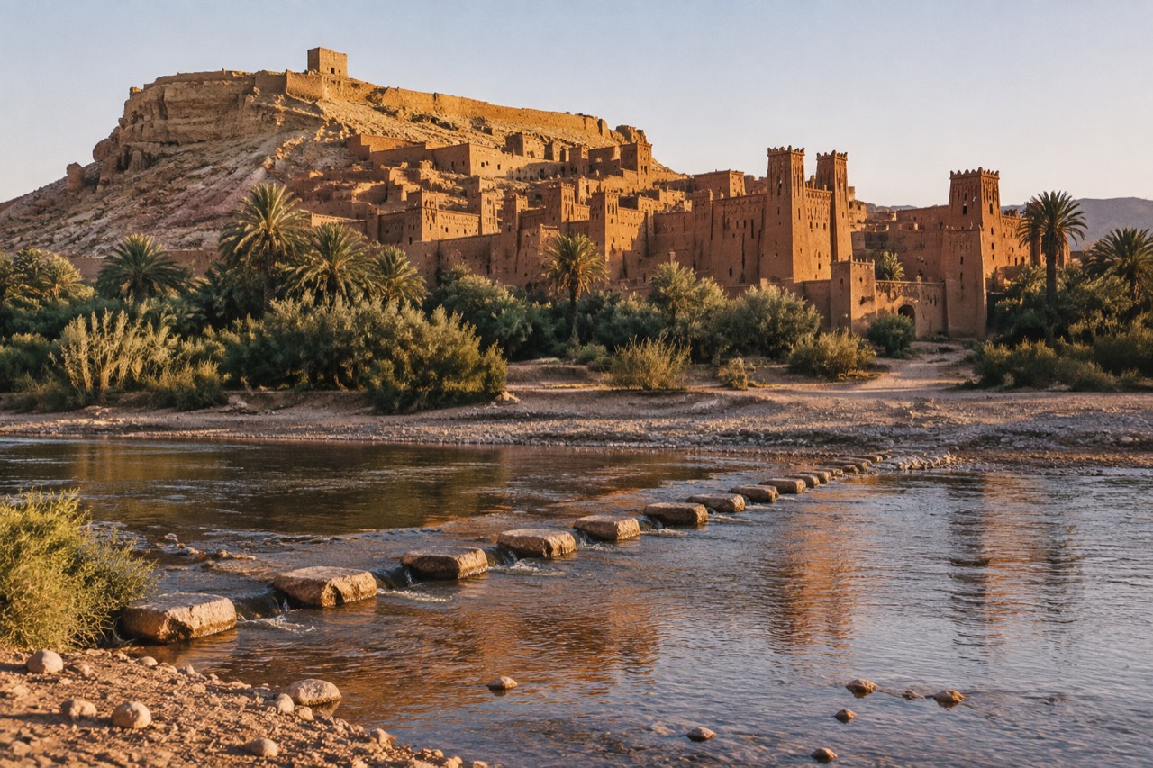 Sunlit mud-brick kasbah village above a shallow river with stepping stones in Morocco.