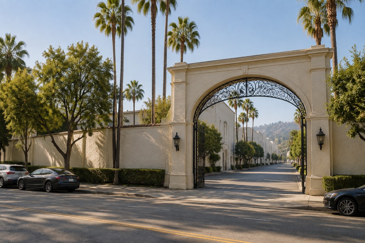 Arched iron gateway and cream stucco wall of a Hollywood studio lot, palm trees, white soundstage buildings.