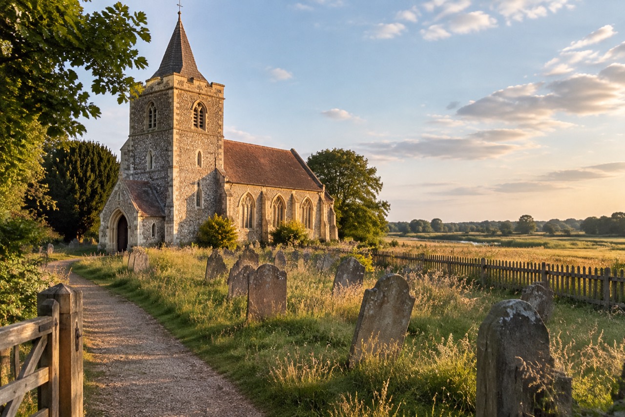 Flint village church tower beside a churchyard of leaning gravestones in golden evening light