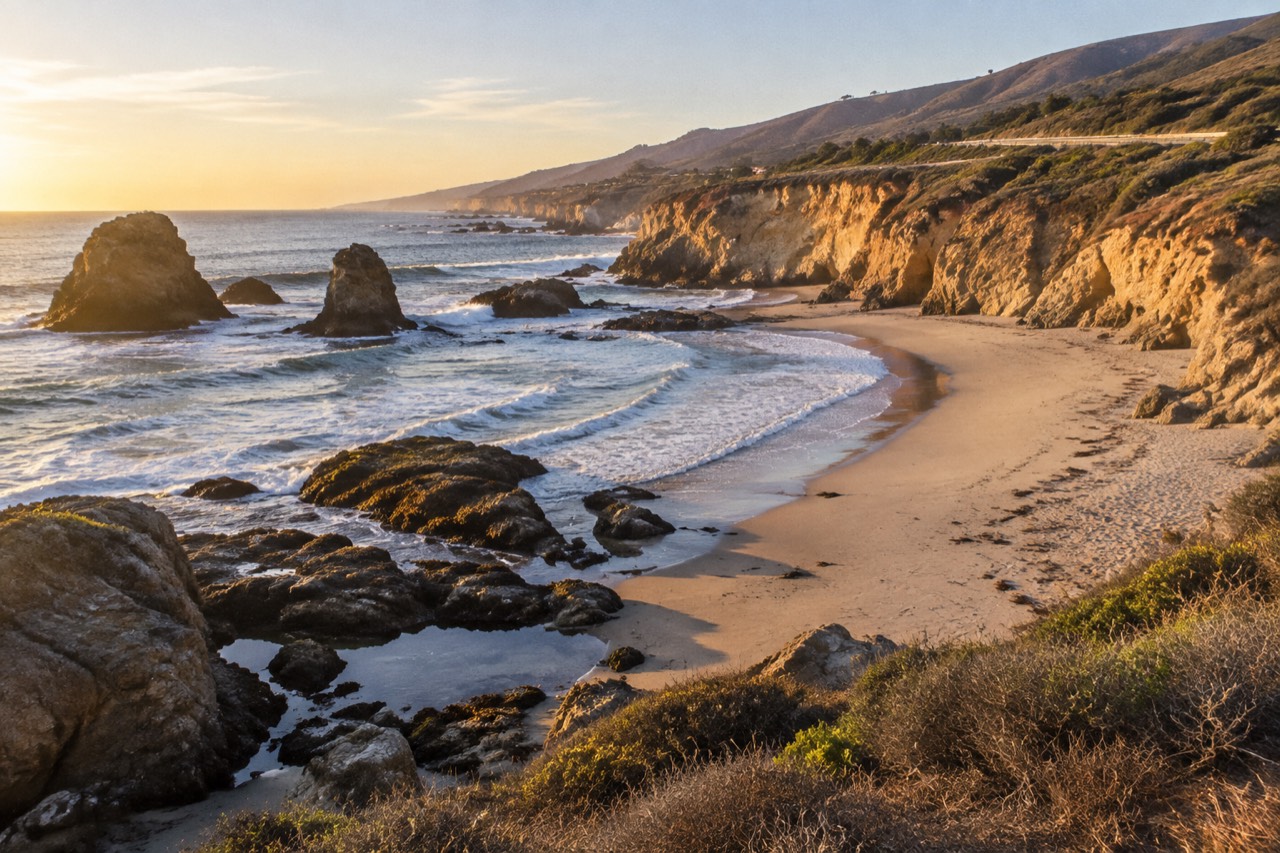 Sandy Malibu beach at sunset with rock formations, cliffs, and chaparral-covered bluffs above the Pacific.