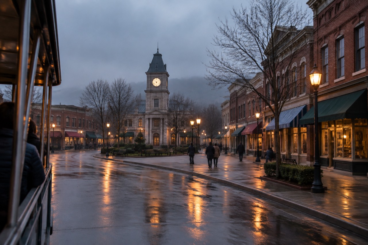 Brick storefronts and a clock tower on a studio backlot main street at dusk.