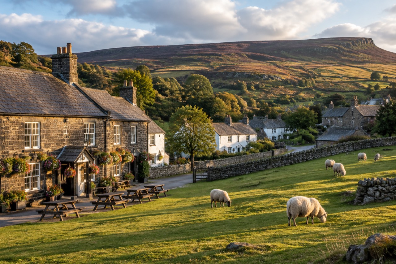 Stone village pub beside a green with sheep, moorland hills behind in Yorkshire.