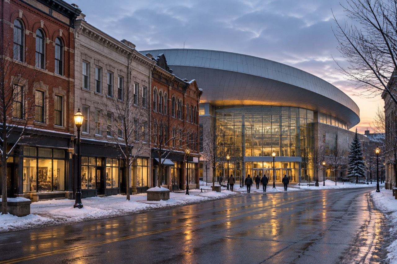 Modern arena with curved roof glowing at dusk beside historic downtown streets in winter