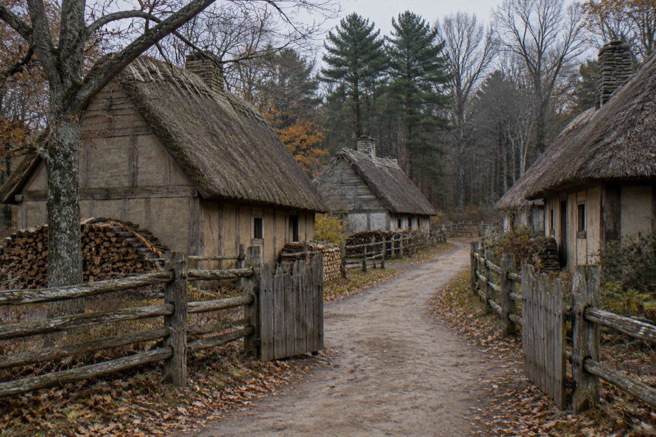 Thatched-roof cottages and wooden fences along a dirt lane in a recreated 17th-century village