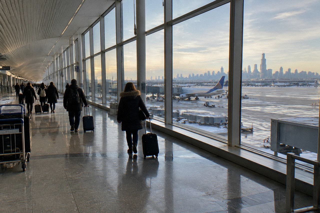 Travelers with suitcases walking through a bright airport concourse in winter, Chicago