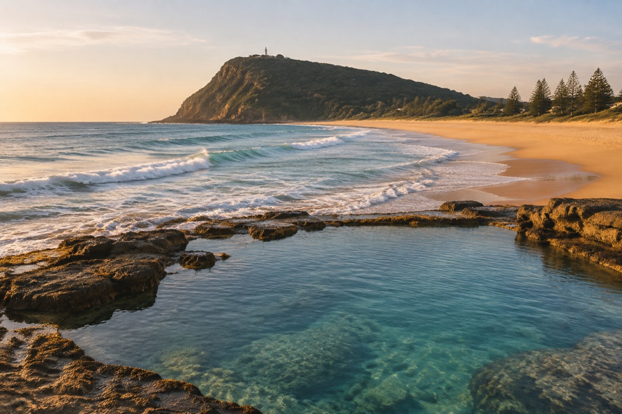 Golden sand beach with ocean rock pool and green headland under afternoon light