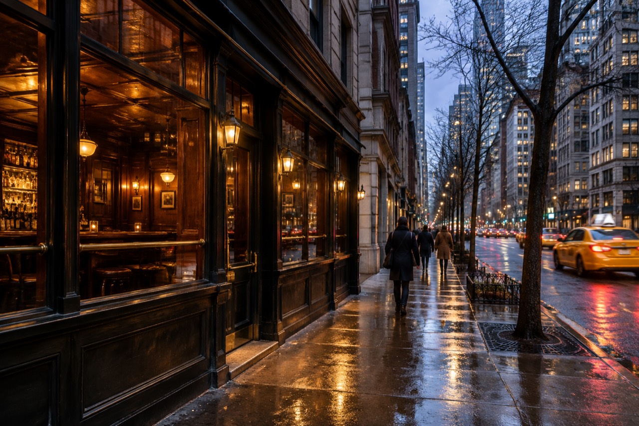 Warm-lit narrow bar front on a rainy Midtown Manhattan street at dusk