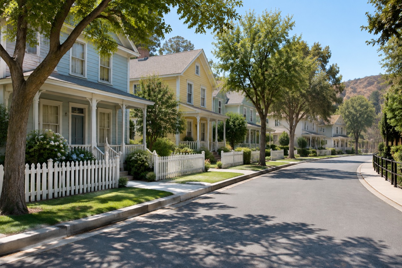 Pastel suburban house facades line a quiet studio backlot street under sunny skies.