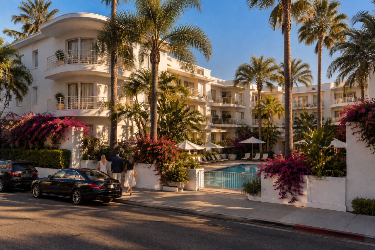 White mid-century hotel balconies above a palm-shaded pool in warm afternoon light.