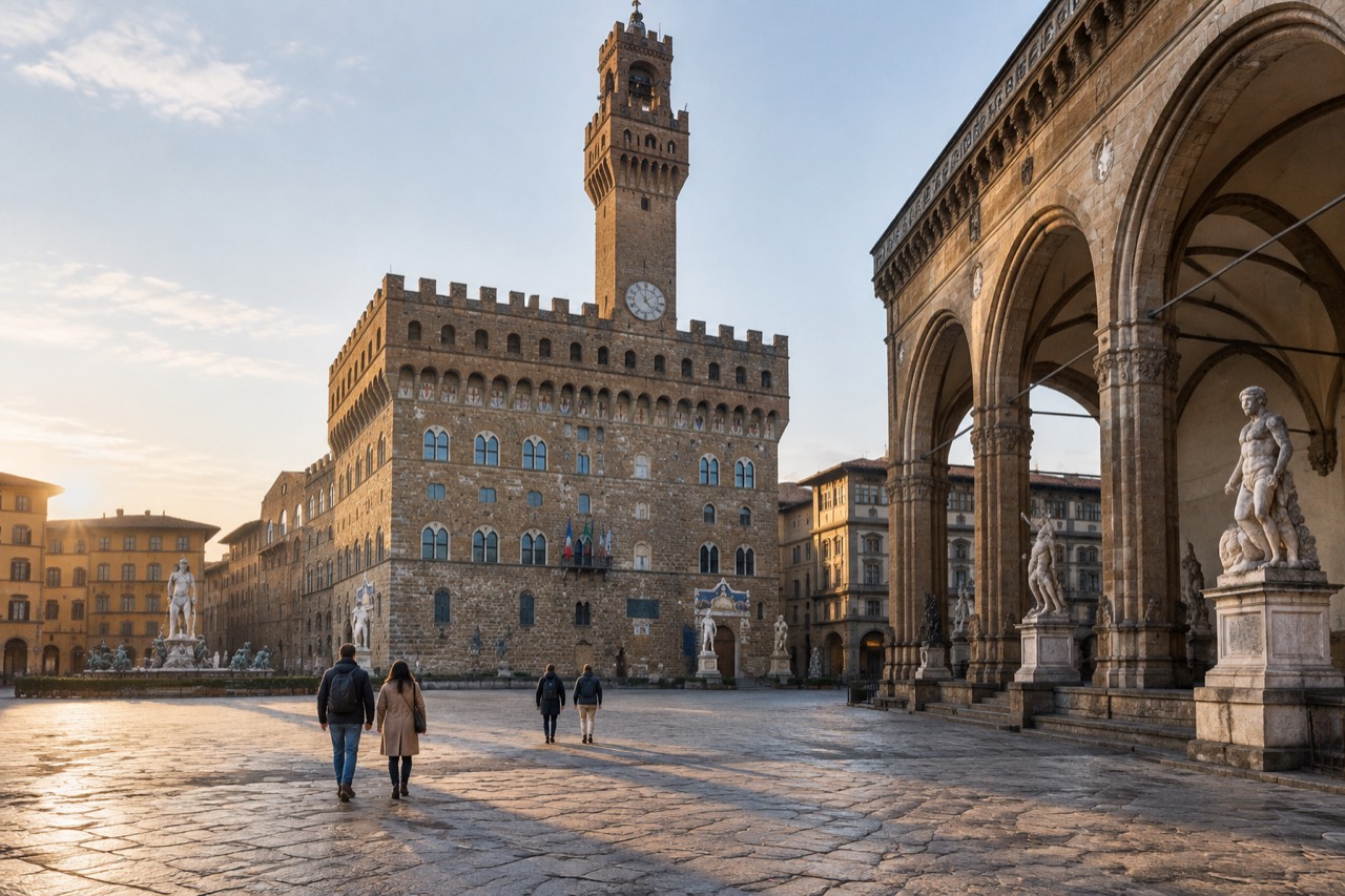 Palazzo Vecchio tower and marble statues above a Florentine cobblestone square in morning light