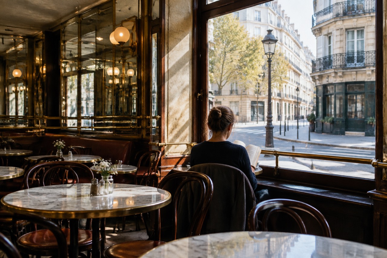 Interior of a classic Parisian bistro with marble tables, mirrors and warm window light