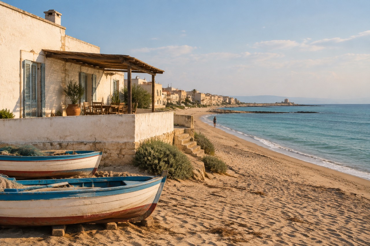 Whitewashed seaside house with wooden terrace above a sandy beach, fishing boats, turquoise sea