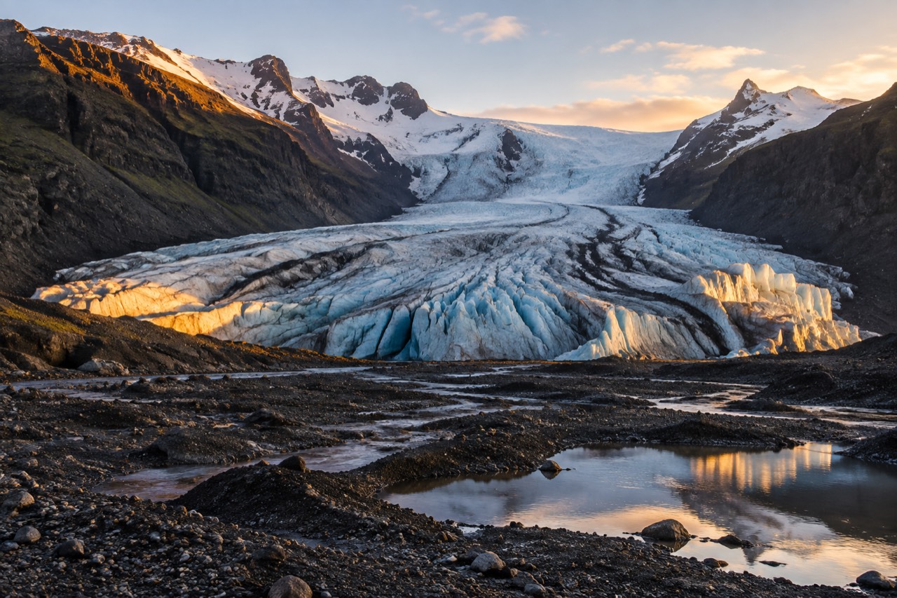Glacier tongue with blue crevasses flowing between dark mountains under golden evening light in Iceland.