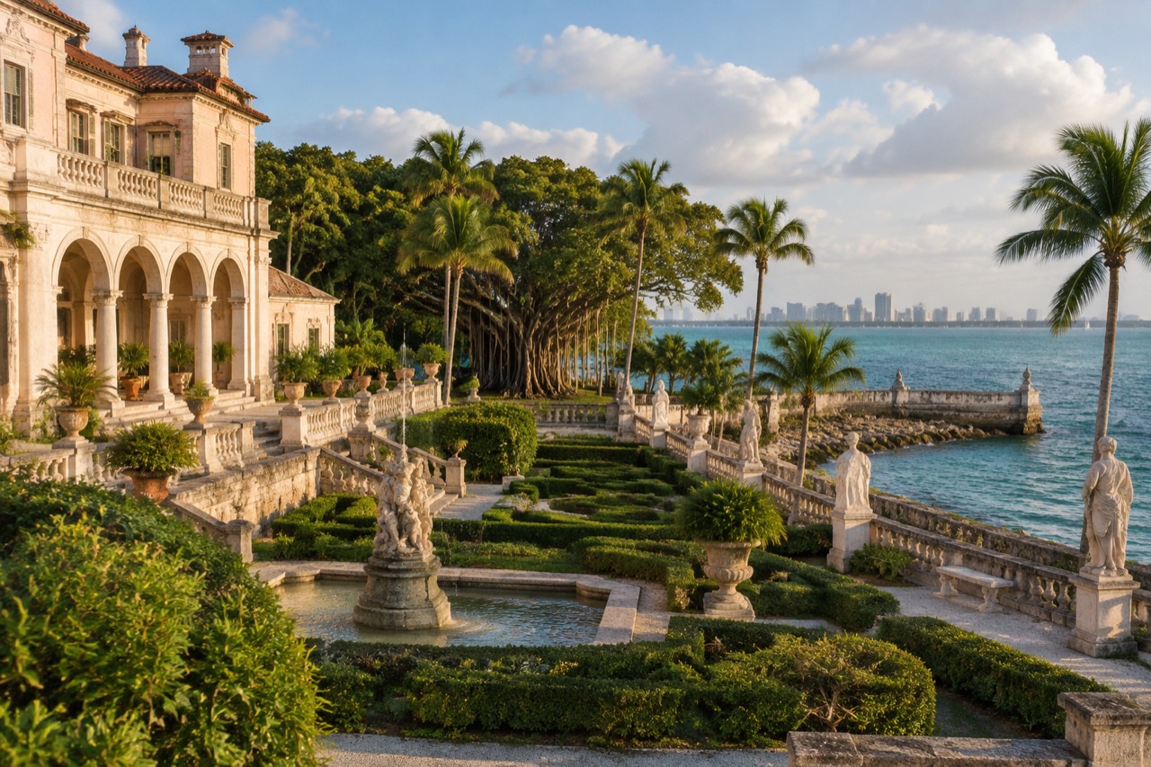 Pale stone villa with arched loggias above terraced gardens and fountains beside turquoise Biscayne Bay.