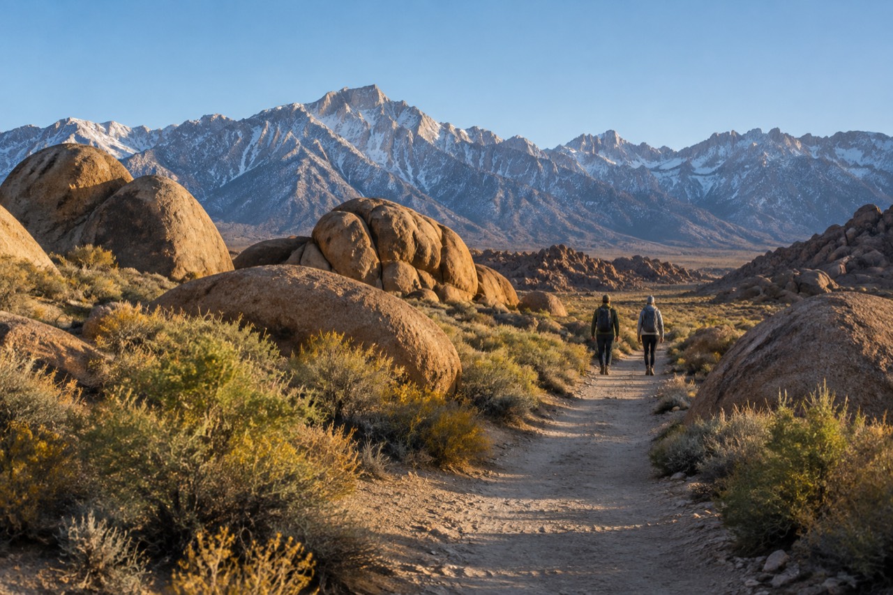 Golden sunlight on rounded granite boulders and a dirt road, Sierra Nevada rising behind.
