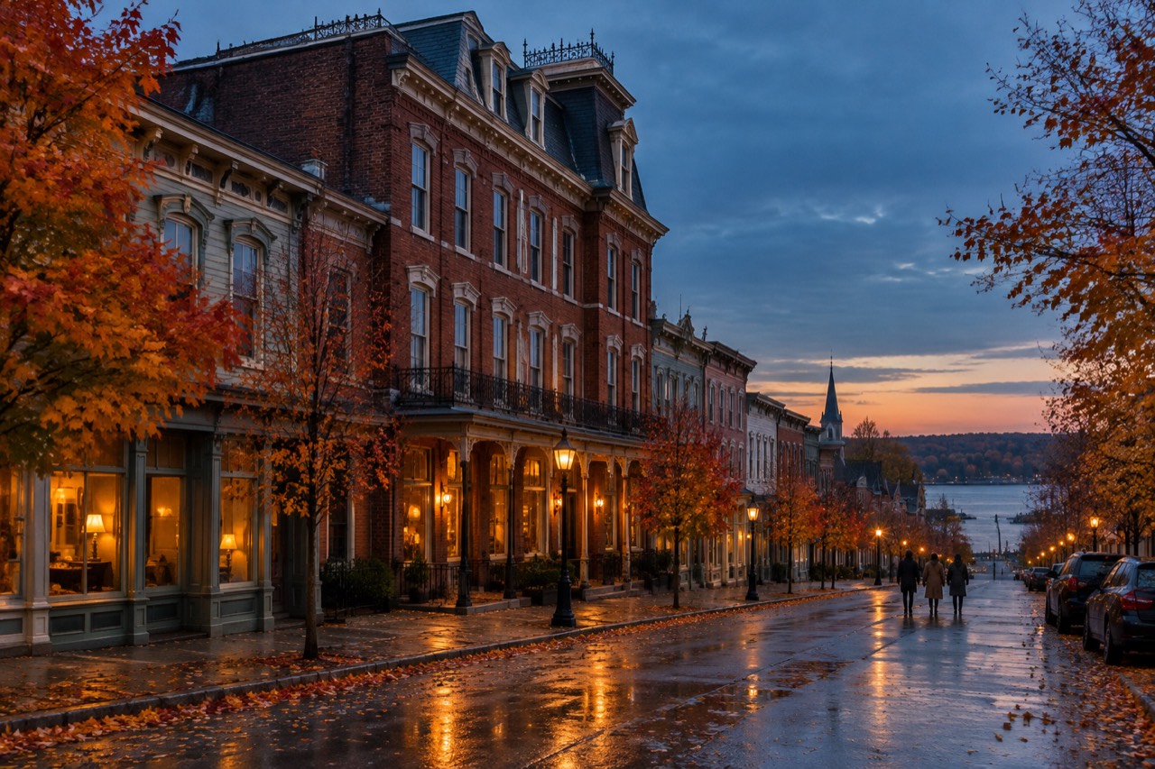 Historic brick hotel on a Victorian main street at dusk, autumn leaves