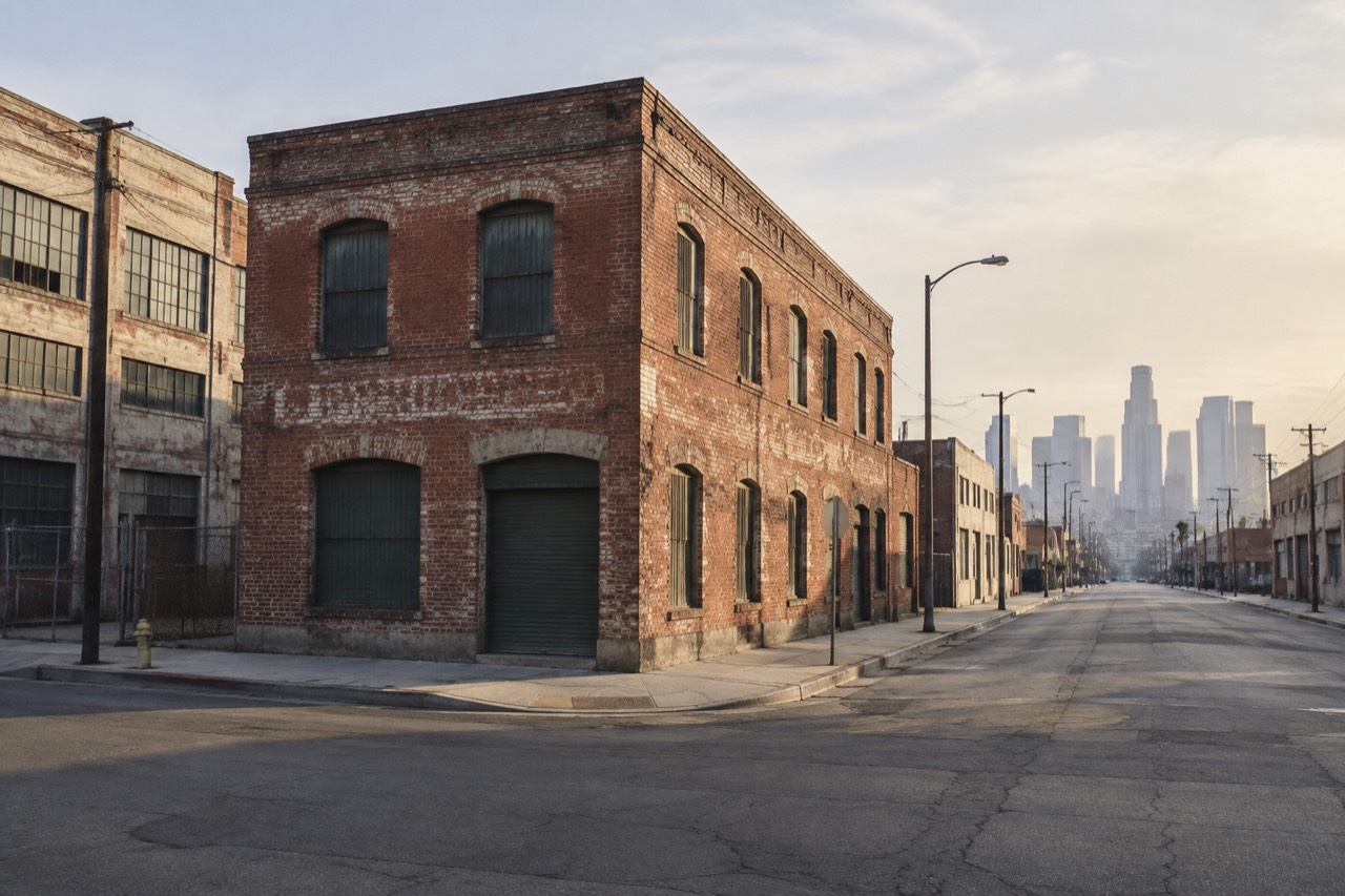 Weathered red-brick warehouse on a quiet Arts District street in late afternoon light.