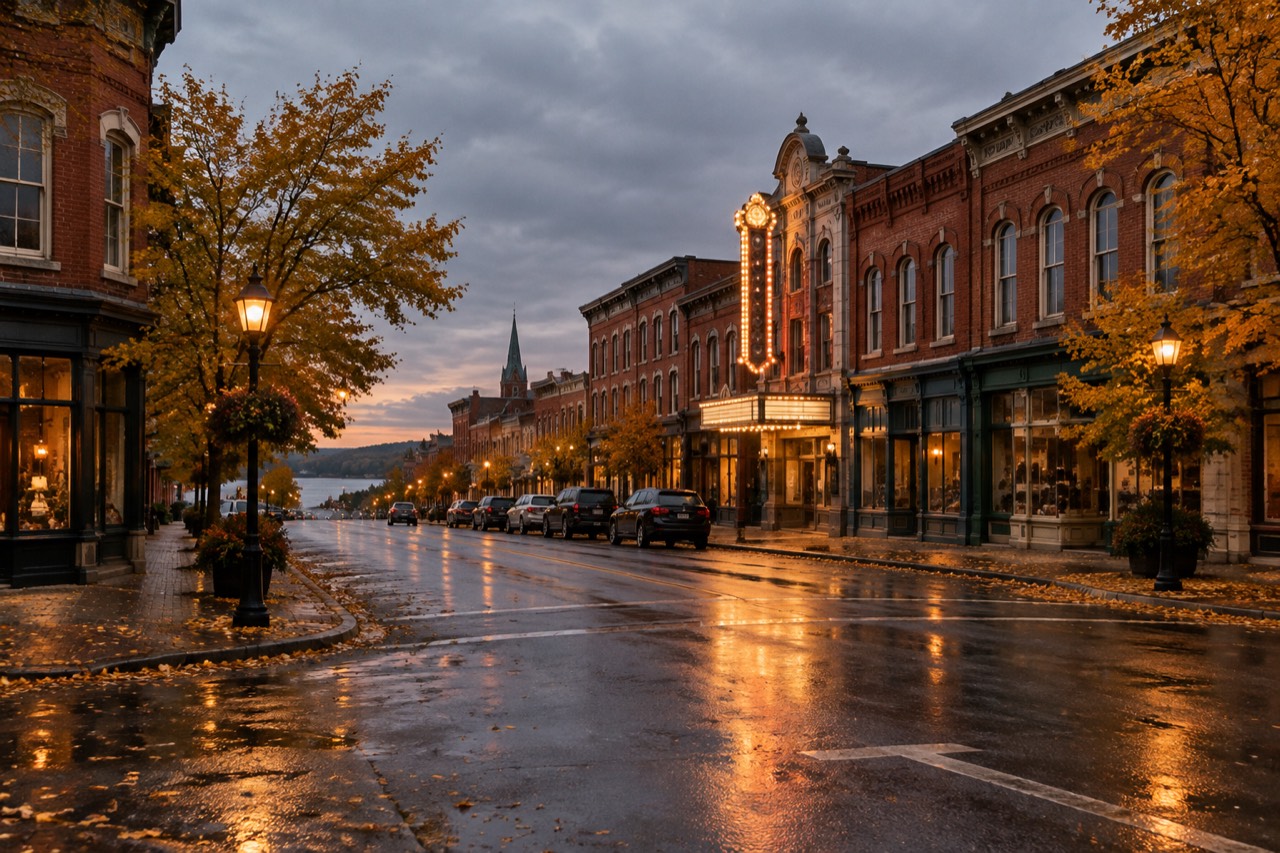 Historic brick main street at dusk with glowing theatre marquee and autumn trees