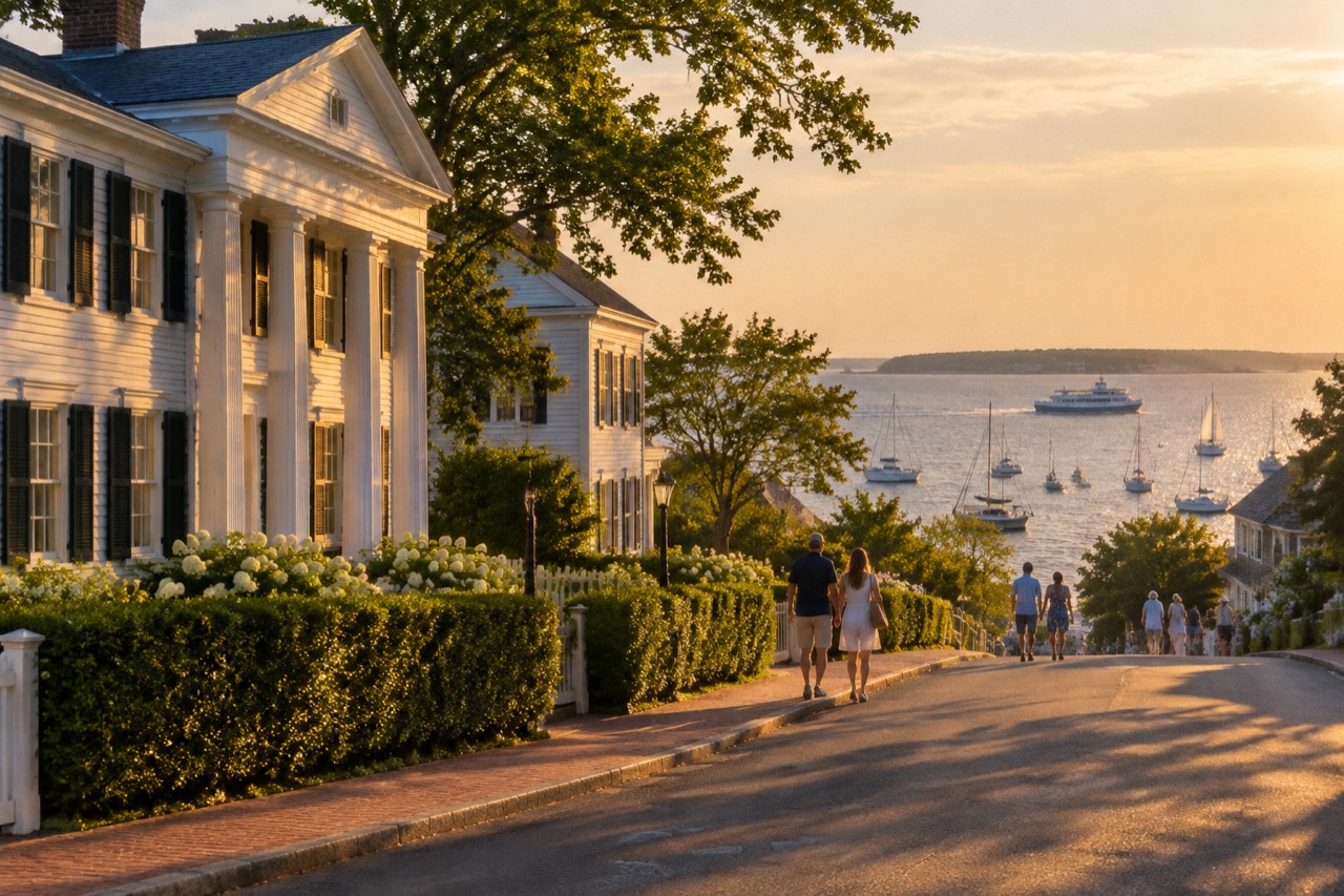 White clapboard houses line Edgartown Main Street at golden hour, sailboats on the harbour beyond.