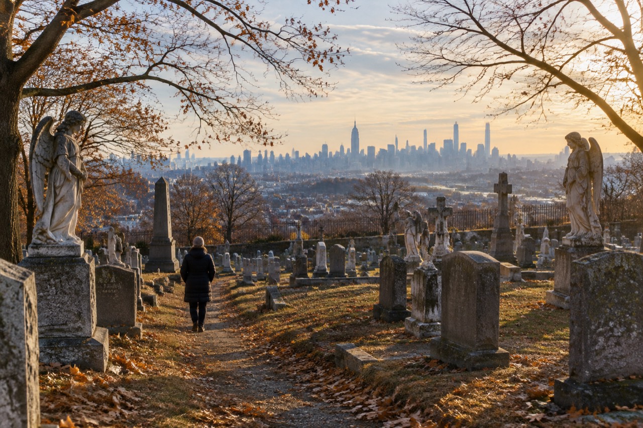 Weathered headstones and marble angels on terraced slopes, Manhattan skyline beyond, autumn light
