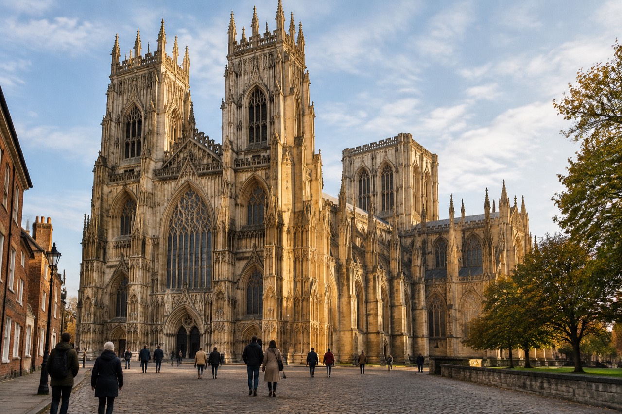 Gothic cathedral towers and pinnacles rising above a cobbled square in golden light