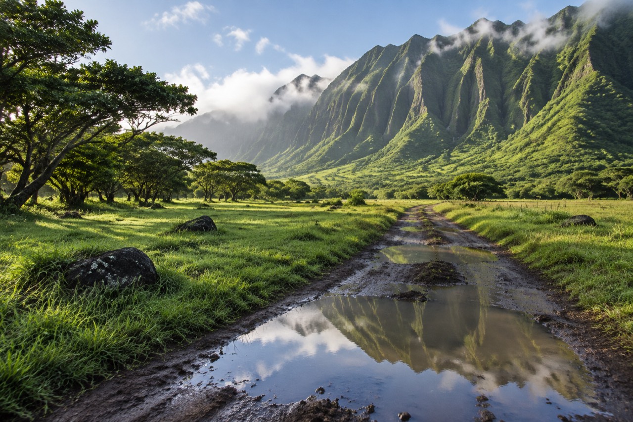 Green valley floor and dirt track beneath misty jagged tropical mountain ridges in Hawaii.