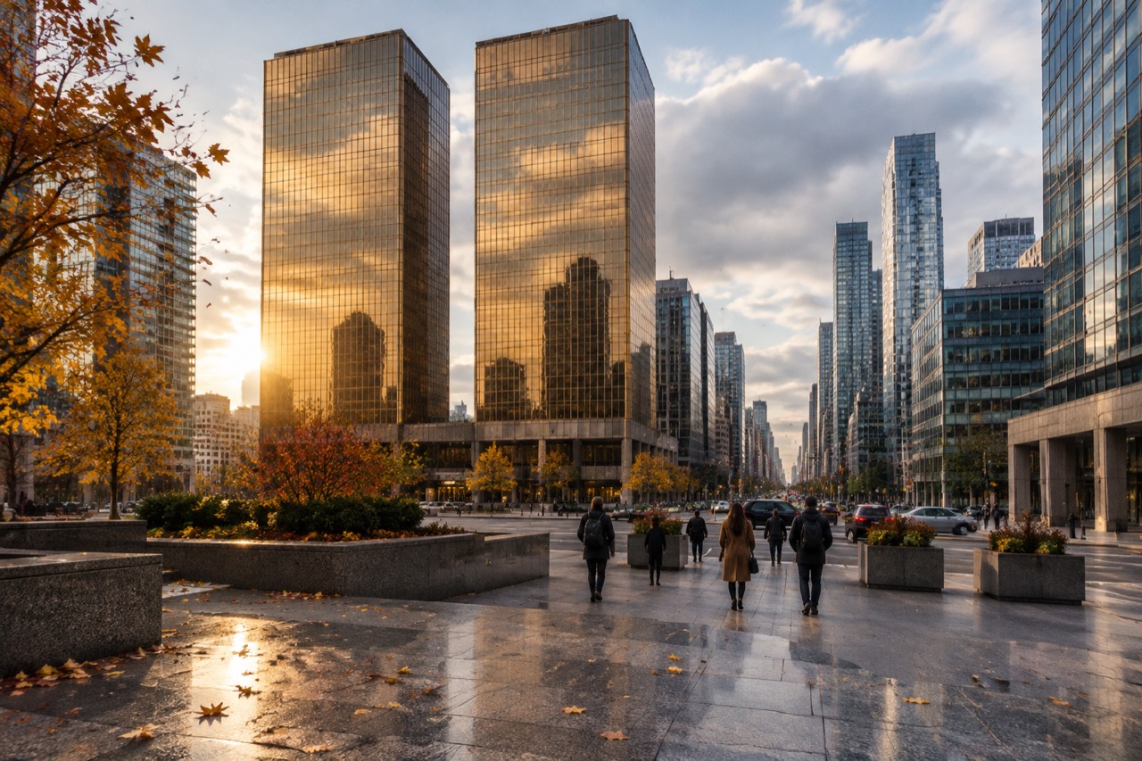 Gold glass skyscrapers towering over a Toronto street plaza under an evening sky.