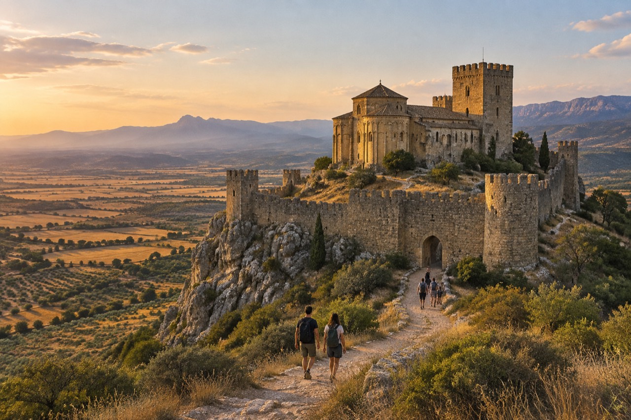 Romanesque castle atop a rocky ridge over golden plains of Aragon at sunset.