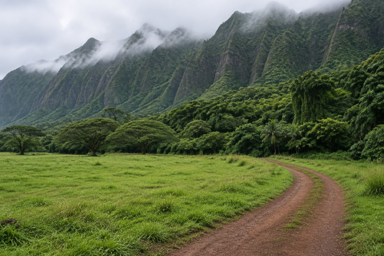 Lush green valley with misty jagged cliffs and jungle, Kualoa Ranch, Hawaii