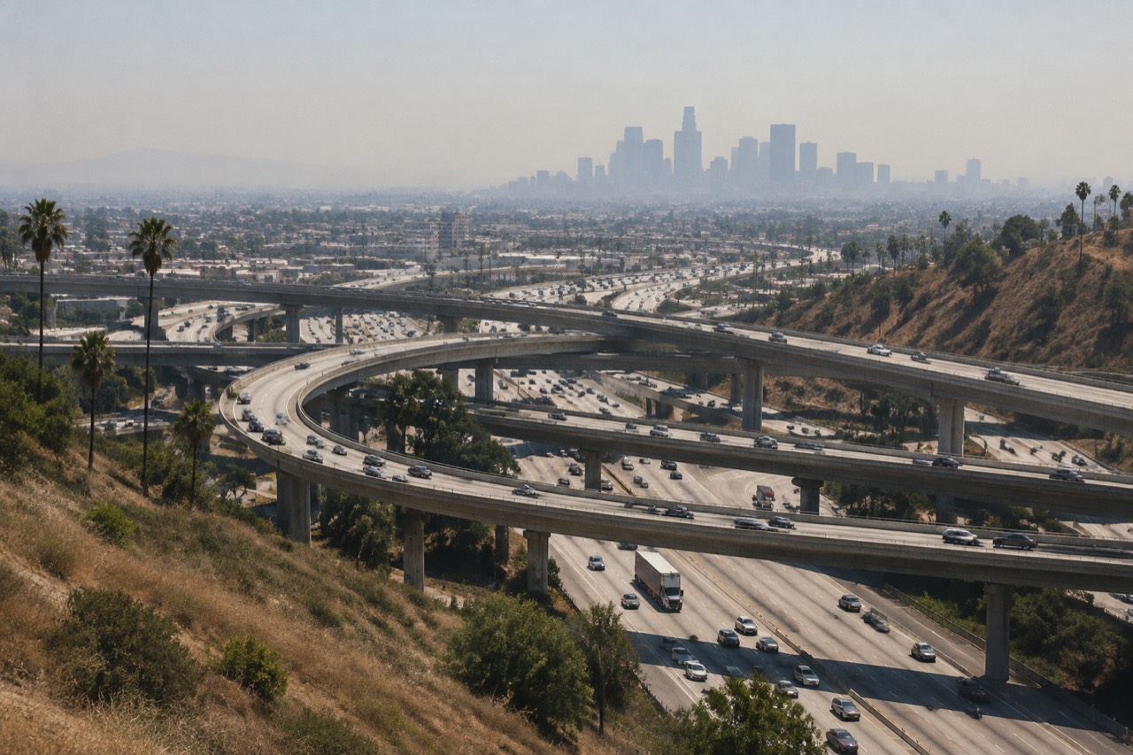 Layered concrete freeway ramps with looping overpasses and traffic under hazy Southern California sky.