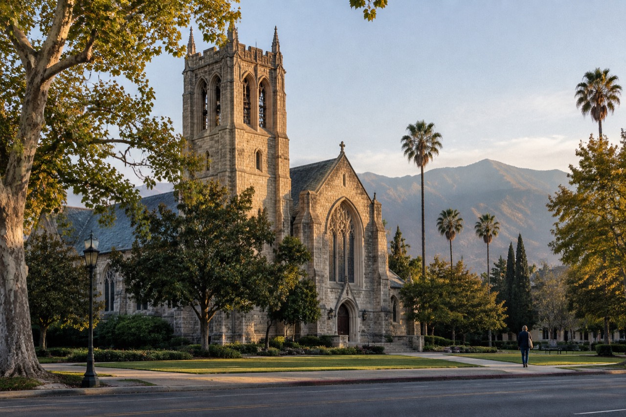 Grey stone Gothic church tower in Pasadena with lawn, palms, and hazy mountains