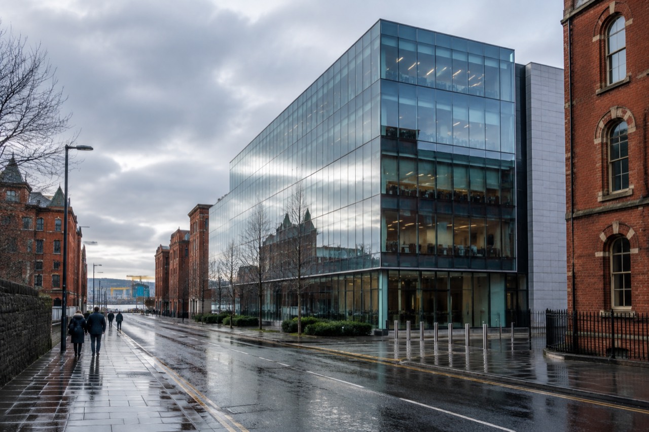 Modern glass office building on an overcast Belfast street with wet pavement