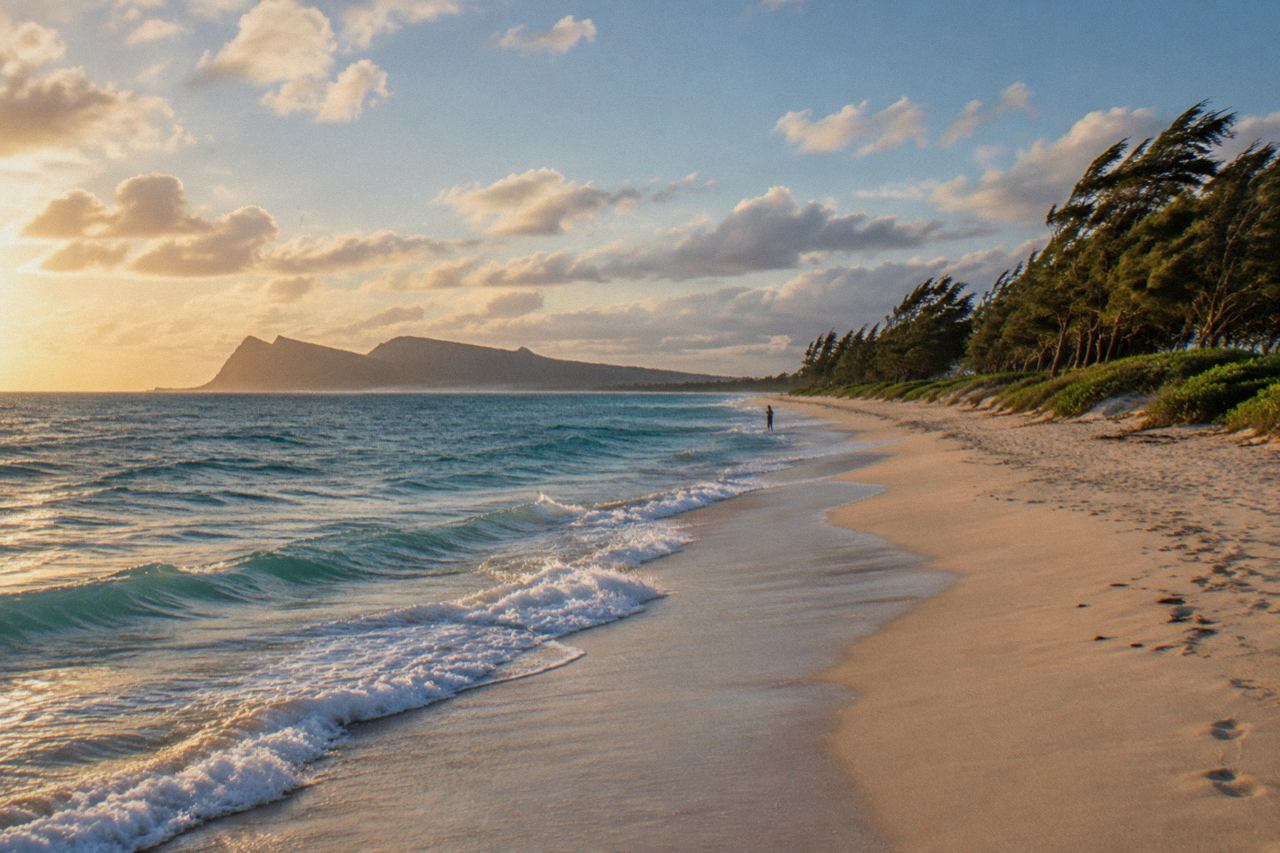 Golden hour on a wide sandy beach with ironwood trees and a distant headland.