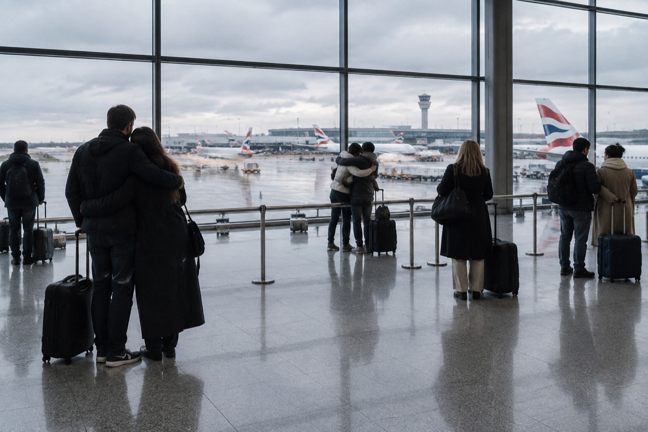 Travellers with suitcases embracing in a glass-walled airport arrivals hall at dusk