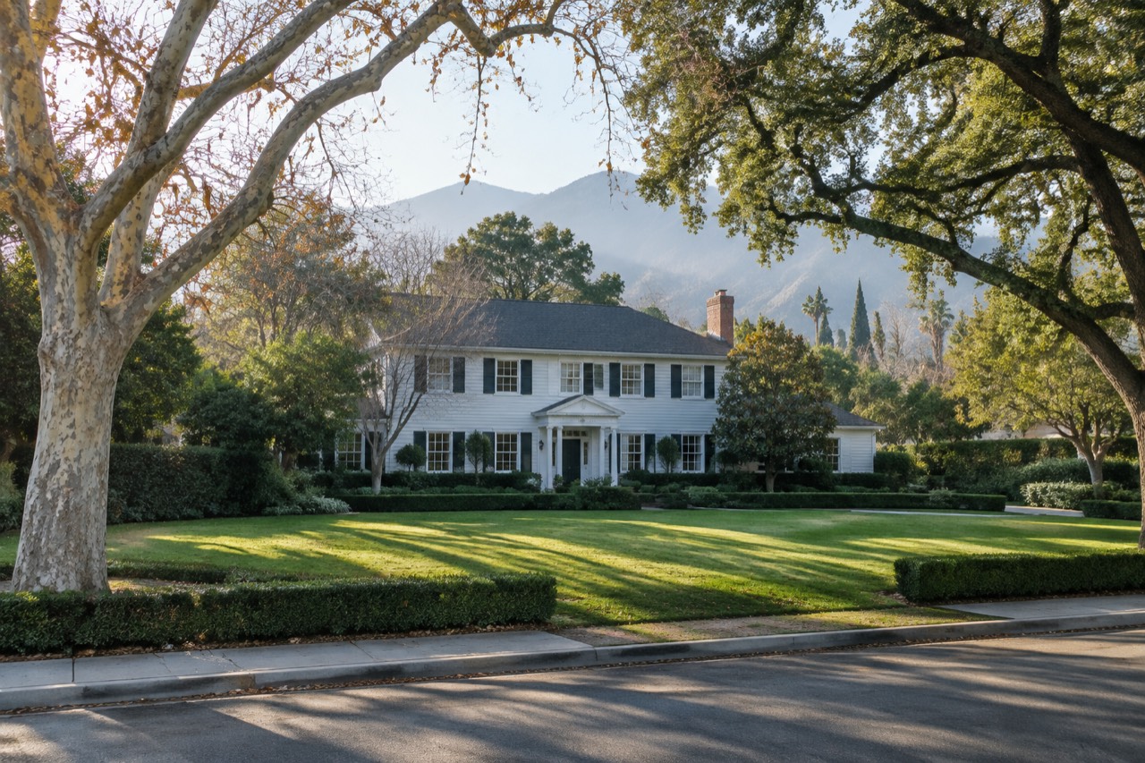 White two-storey house with lawn and hedges on a leafy Pasadena street