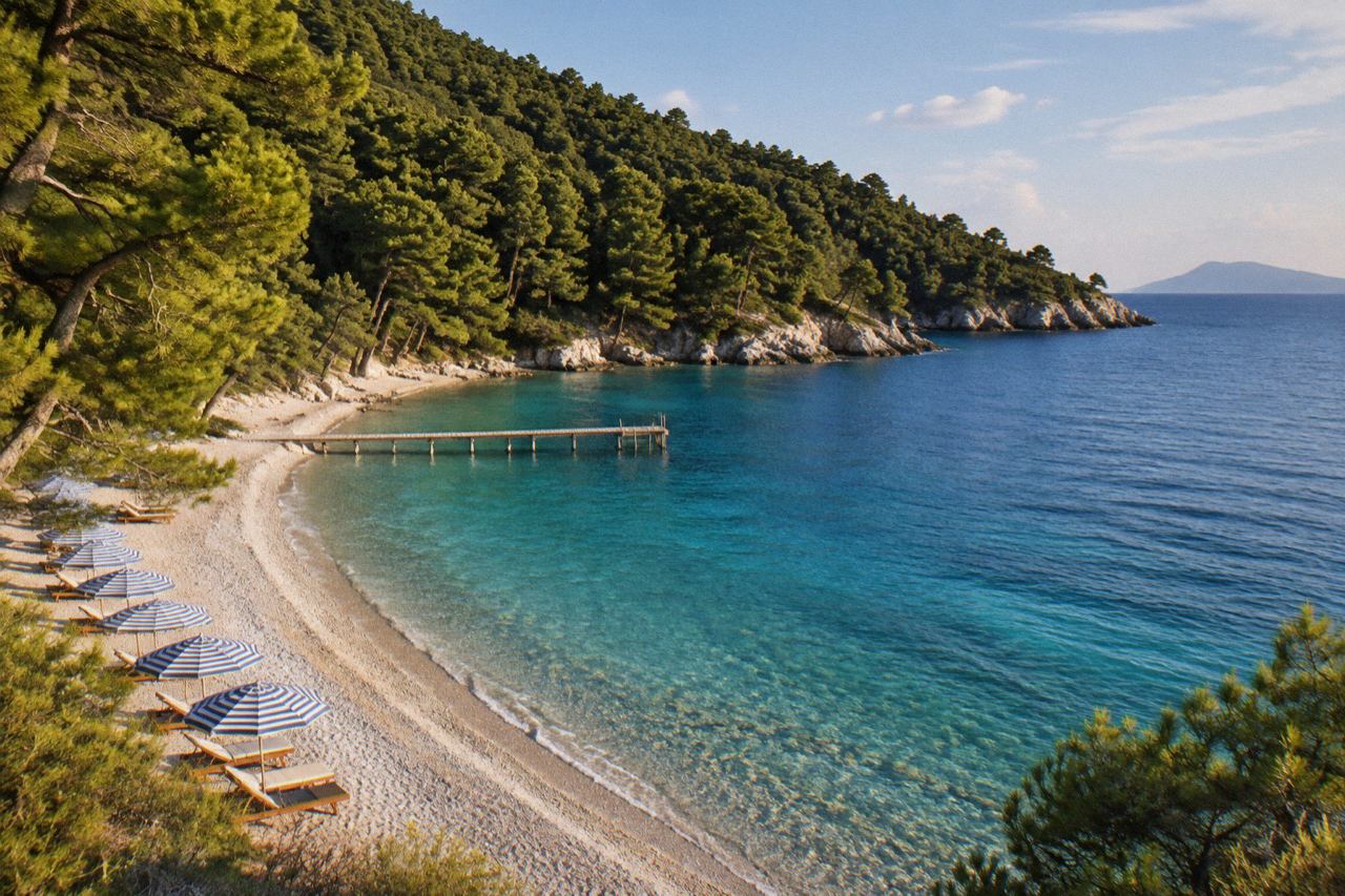 Pebbly beach with wooden jetty below dense pine forest and clear turquoise sea, Skopelos.