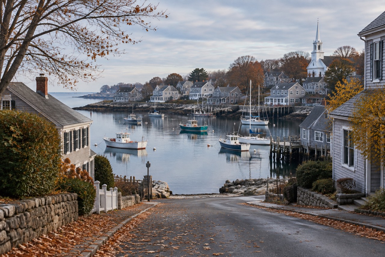 Lobster boats on a calm New England harbor beneath shingled houses and a white steeple.