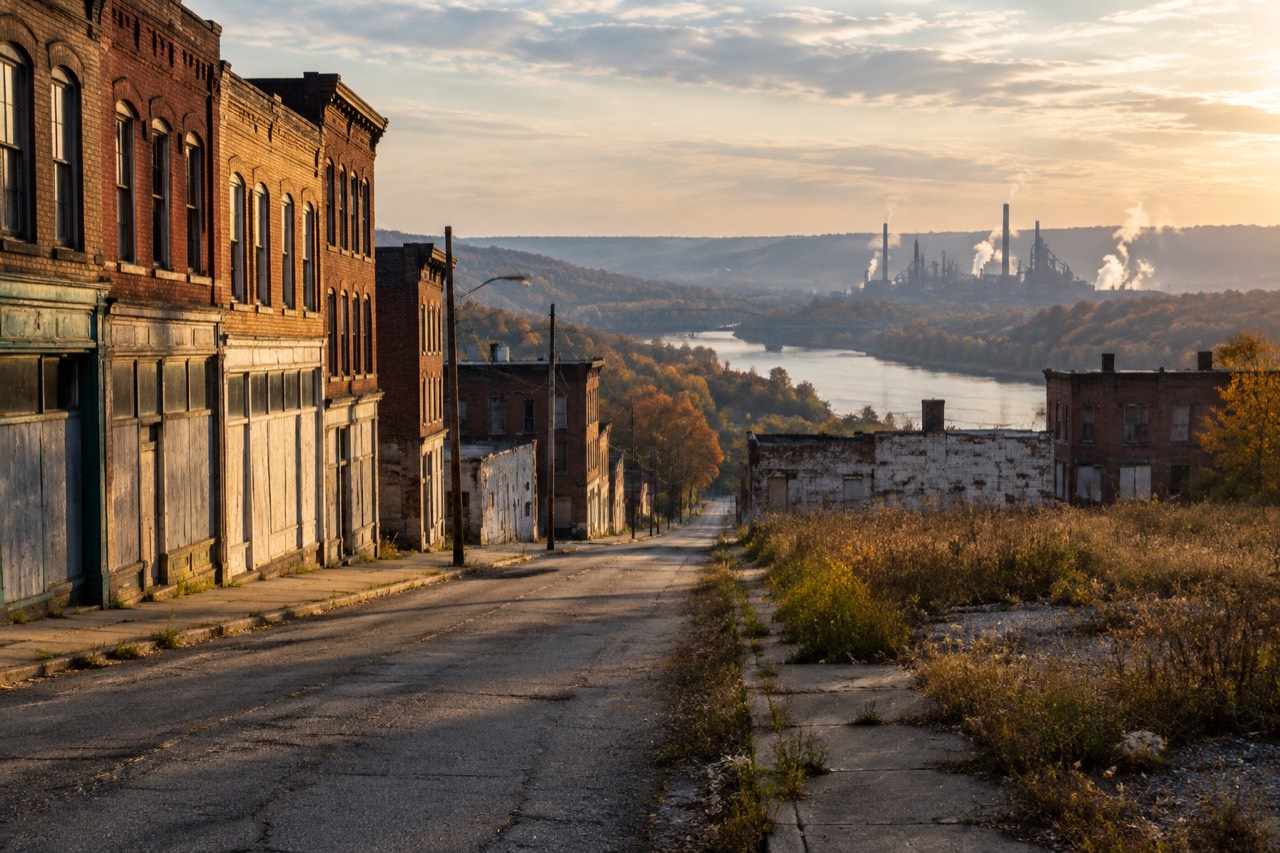 Weathered brick storefronts line a quiet street with steel mill stacks steaming in the distance.