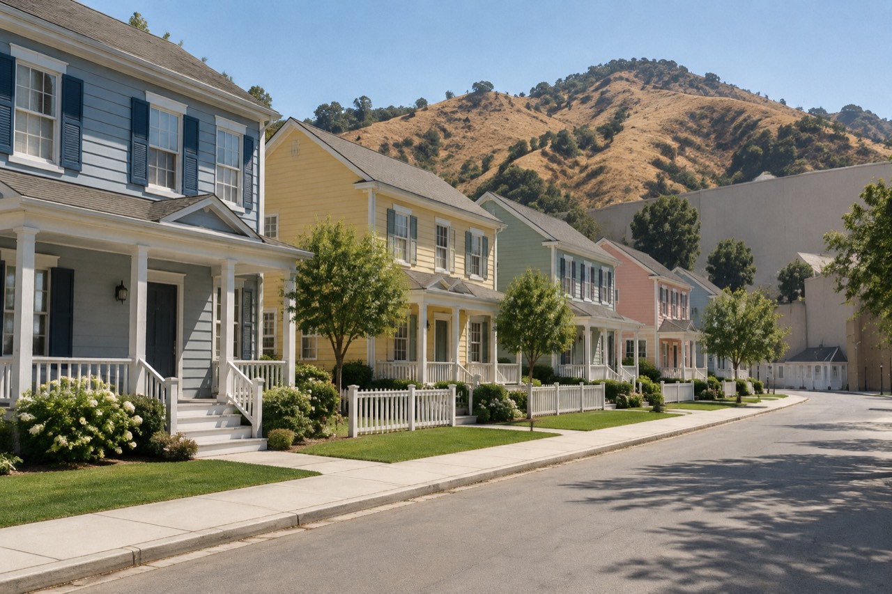 Sunlit backlot street with pastel clapboard house facades, green lawns and dry California hills.
