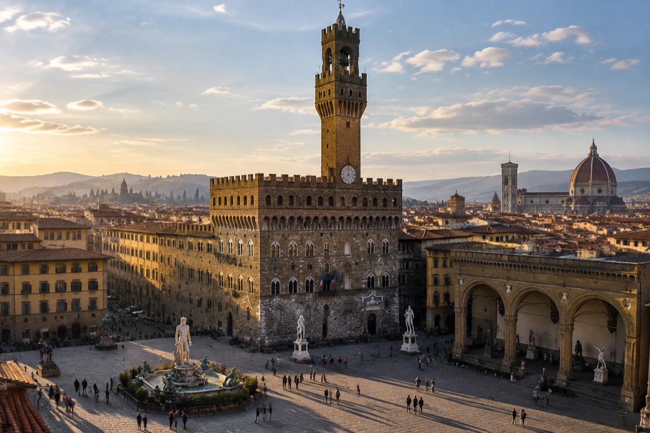 Crenellated medieval tower and fortress palace overlooking a statue-filled Florentine piazza at golden hour